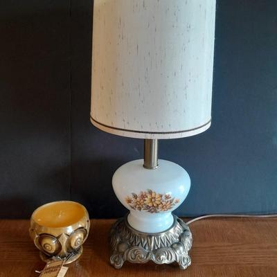 Vintage brass base three-way table lamp and Keepsake candle