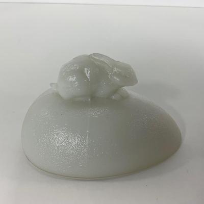 -146- GLASSWARE | Milk Glass Egg Covered Dish With Rabbit