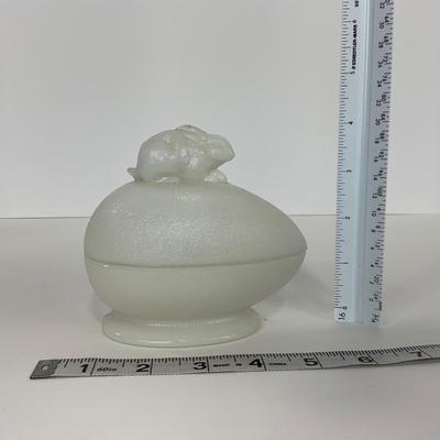 -146- GLASSWARE | Milk Glass Egg Covered Dish With Rabbit