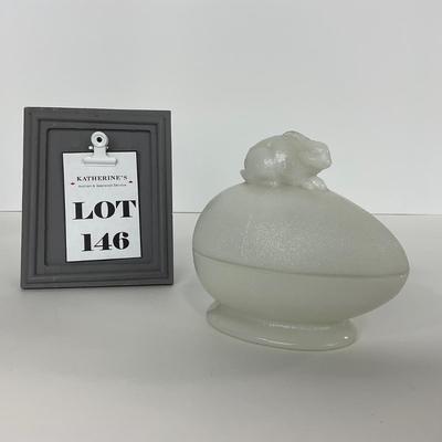 -146- GLASSWARE | Milk Glass Egg Covered Dish With Rabbit