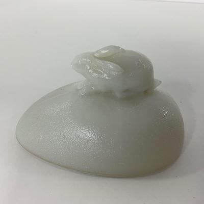 -146- GLASSWARE | Milk Glass Egg Covered Dish With Rabbit