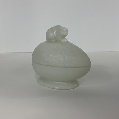 -146- GLASSWARE | Milk Glass Egg Covered Dish With Rabbit