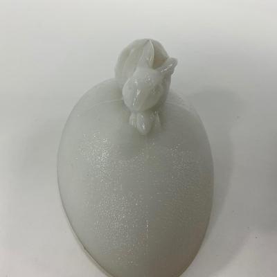 -146- GLASSWARE | Milk Glass Egg Covered Dish With Rabbit