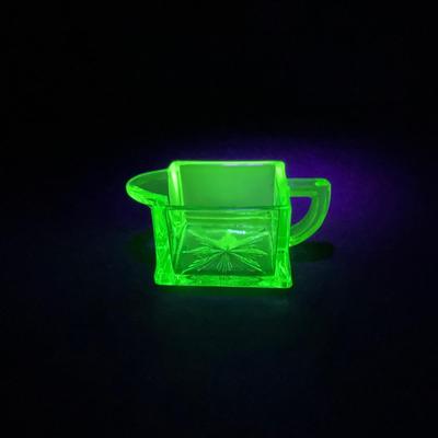 -148- URANIUM | Green Heisey Square Paneled Glass Mini Creamer