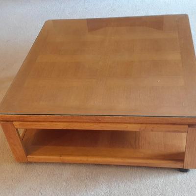 Glass top two tired Square Coffee table inlayed wood design