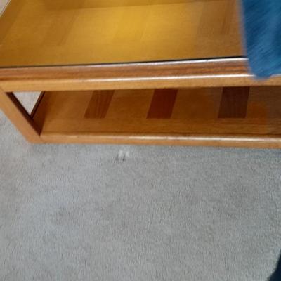 Glass top two tired Square Coffee table inlayed wood design
