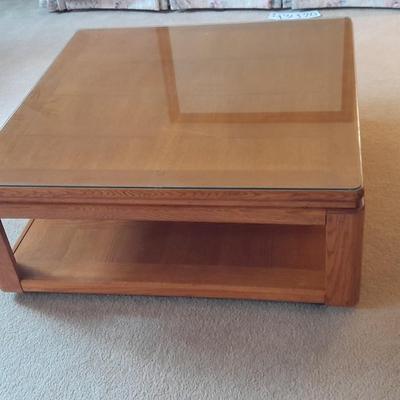 Glass top two tired Square Coffee table inlayed wood design