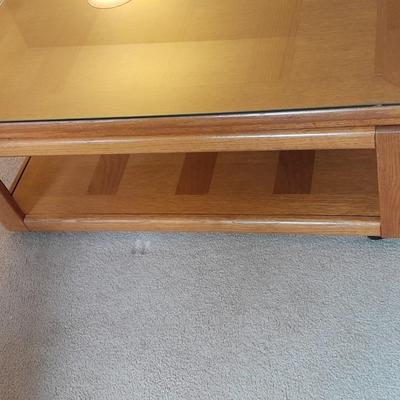 Glass top two tired Square Coffee table inlayed wood design