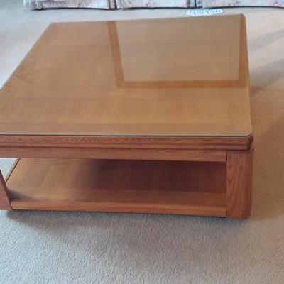 Glass top two tired Square Coffee table inlayed wood design