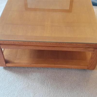 Glass top two tired Square Coffee table inlayed wood design