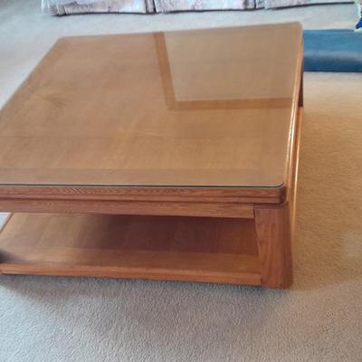 Glass top two tired Square Coffee table inlayed wood design