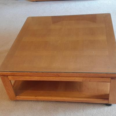 Glass top two tired Square Coffee table inlayed wood design
