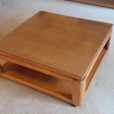 Glass top two tired Square Coffee table inlayed wood design
