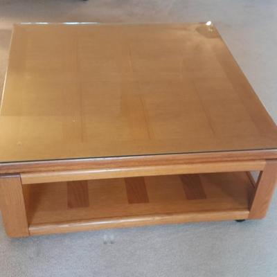 Glass top two tired Square Coffee table inlayed wood design
