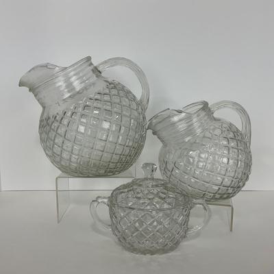 -151- GLASSWARE | Anchor Hocking Glass Co. Waterford Waffle | Pitchers & Covered Sugar