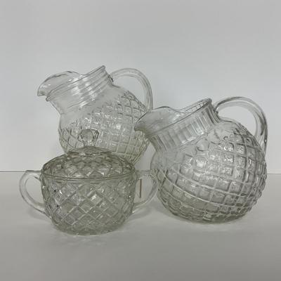 -152- GLASSWARE | Anchor Hocking Glass Co. Waterford Waffle | Pitchers & Covered Creamer