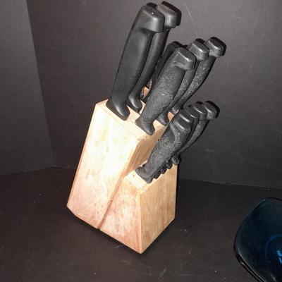 Knife block with Heirloom Silverplate platter and Wm Rogers serving spoon