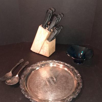 Knife block with Heirloom Silverplate platter and Wm Rogers serving spoon