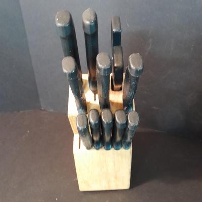 Knife block with Heirloom Silverplate platter and Wm Rogers serving spoon