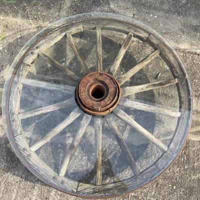 LOT 1579 Antique Wagon Wheel Wooden Glass-top Table