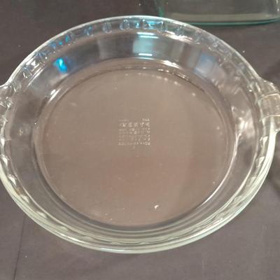 Two glass pie dishes and a Brownie glass pyrex dish