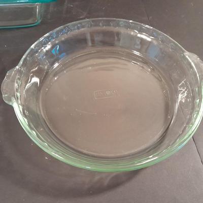 Two glass pie dishes and a Brownie glass pyrex dish