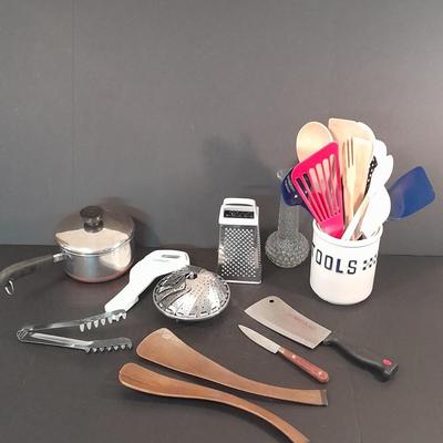 Revereware 1 Qt. saucepan with lid, Kitchen Utensils, and a Tools canister.