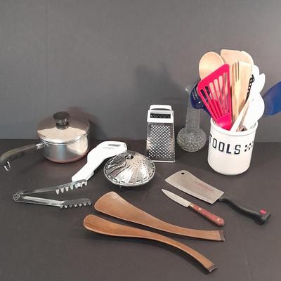 Revereware 1 Qt. saucepan with lid, Kitchen Utensils, and a Tools canister.