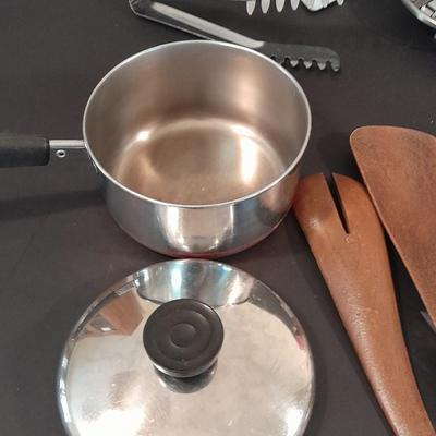 Revereware 1 Qt. saucepan with lid, Kitchen Utensils, and a Tools canister.