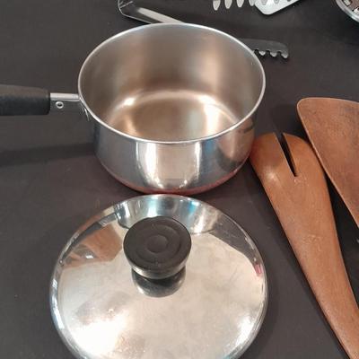 Revereware 1 Qt. saucepan with lid, Kitchen Utensils, and a Tools canister.