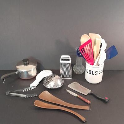 Revereware 1 Qt. saucepan with lid, Kitchen Utensils, and a Tools canister.