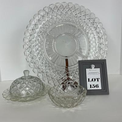 -156- GLASSWARE | Anchor Hocking Glass Co. | Serving Tray, Bowl, & Covered Butter Dish