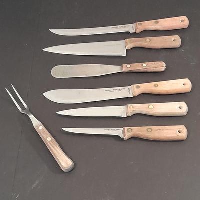 Wooden handled knife set with carving fork