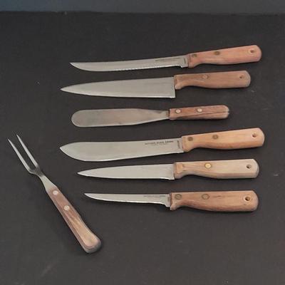 Wooden handled knife set with carving fork