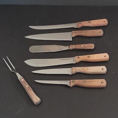 Wooden handled knife set with carving fork