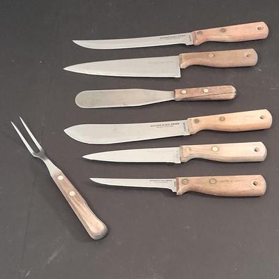 Wooden handled knife set with carving fork