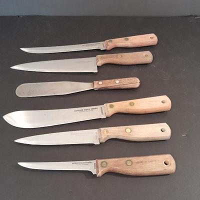 Wooden handled knife set with carving fork