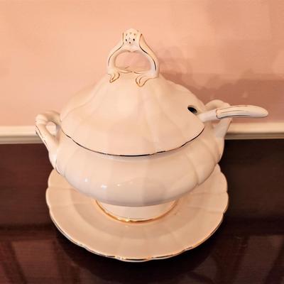 Lot #114  Large White Ceramic Tureen with Ladle & Underplate - Dillard's
