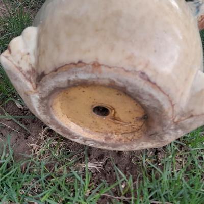 Ceramic frog planter and Resin yard frog on a stump