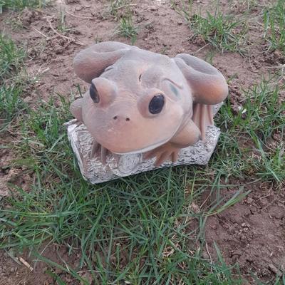 Ceramic frog planter and Resin yard frog on a stump