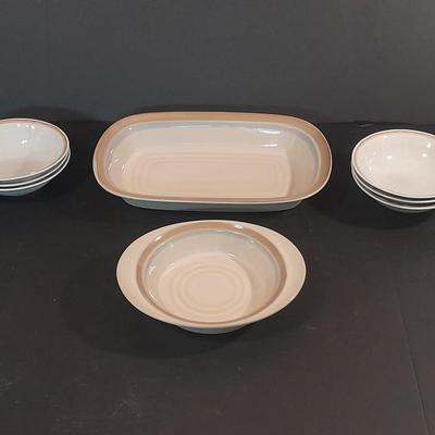 Noritake stoneware Painted Desert Casserole / baking dishes and six American heritage stoneware bowls