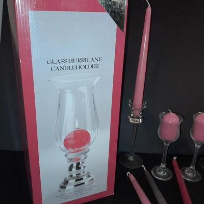 Candle sconces, tapered candles, vases, and new in box 15" glass hurricane candle holder