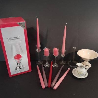 Candle sconces, tapered candles, vases, and new in box 15" glass hurricane candle holder