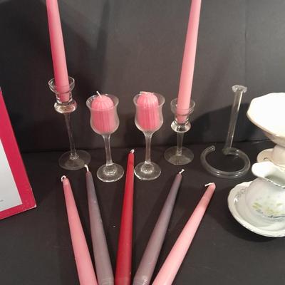 Candle sconces, tapered candles, vases, and new in box 15" glass hurricane candle holder