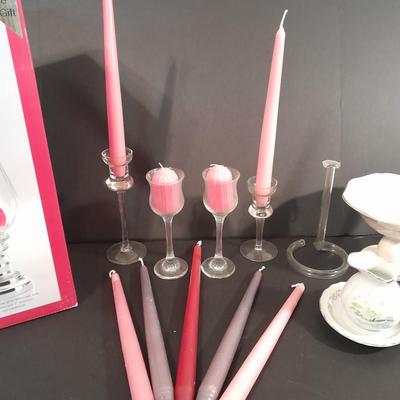 Candle sconces, tapered candles, vases, and new in box 15" glass hurricane candle holder