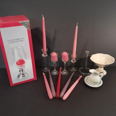 Candle sconces, tapered candles, vases, and new in box 15" glass hurricane candle holder