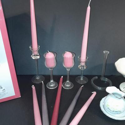 Candle sconces, tapered candles, vases, and new in box 15" glass hurricane candle holder