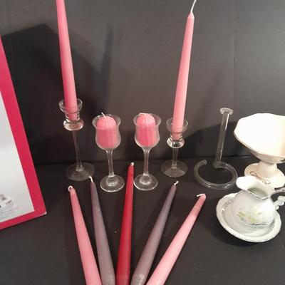 Candle sconces, tapered candles, vases, and new in box 15" glass hurricane candle holder