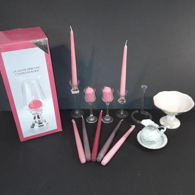 Candle sconces, tapered candles, vases, and new in box 15" glass hurricane candle holder