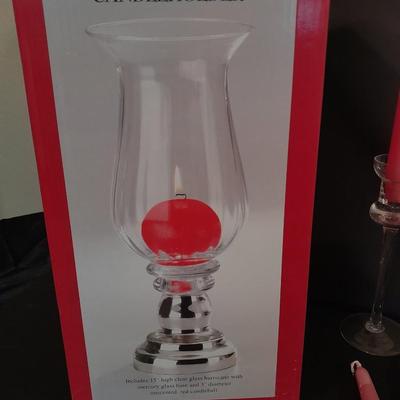 Candle sconces, tapered candles, vases, and new in box 15" glass hurricane candle holder